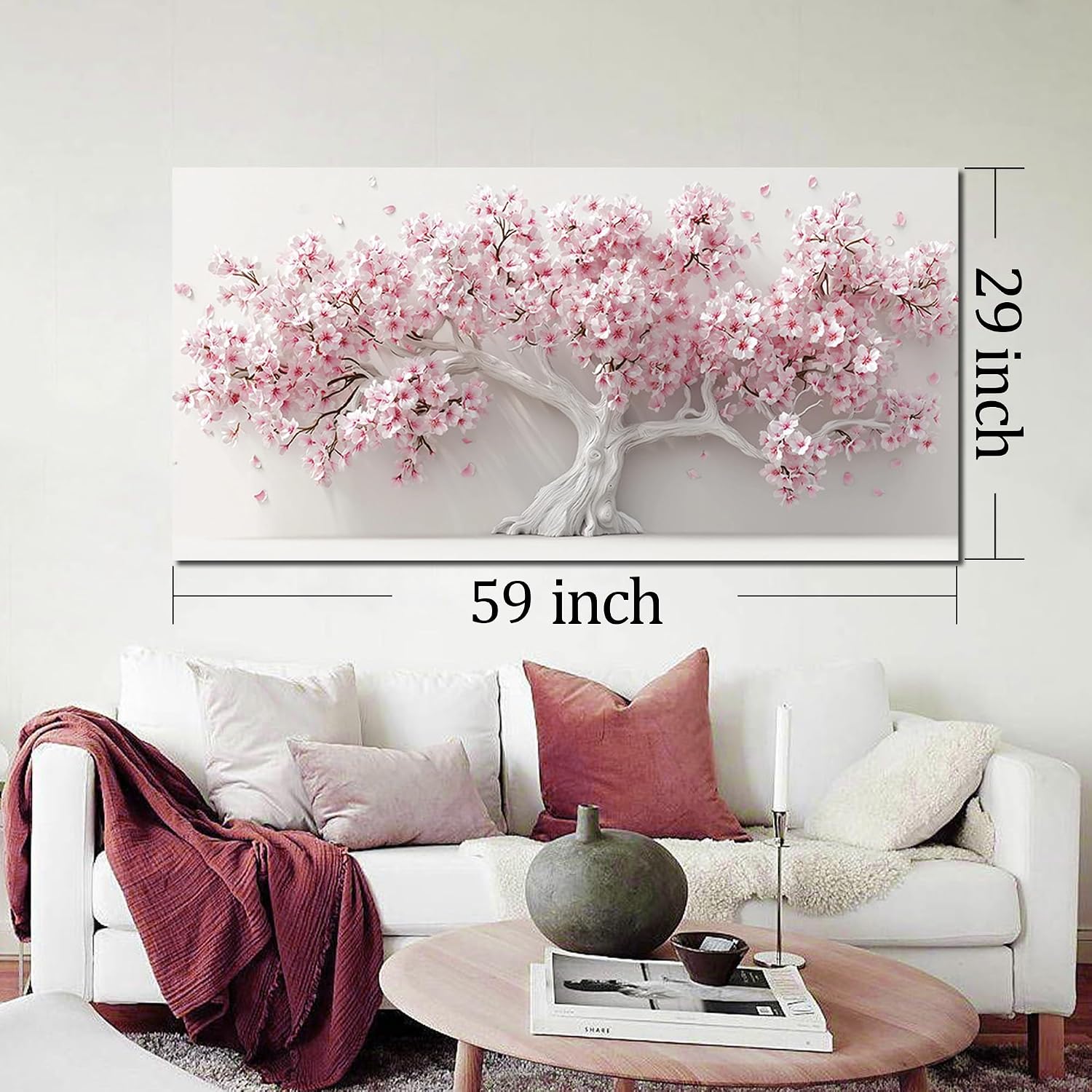 AOZEMI White Wall Art for Living Room Bedroom Home Office Pink Wall Decor Large Tree Pictures Art Flower Artwork Modern Floral Canvas 29x 59